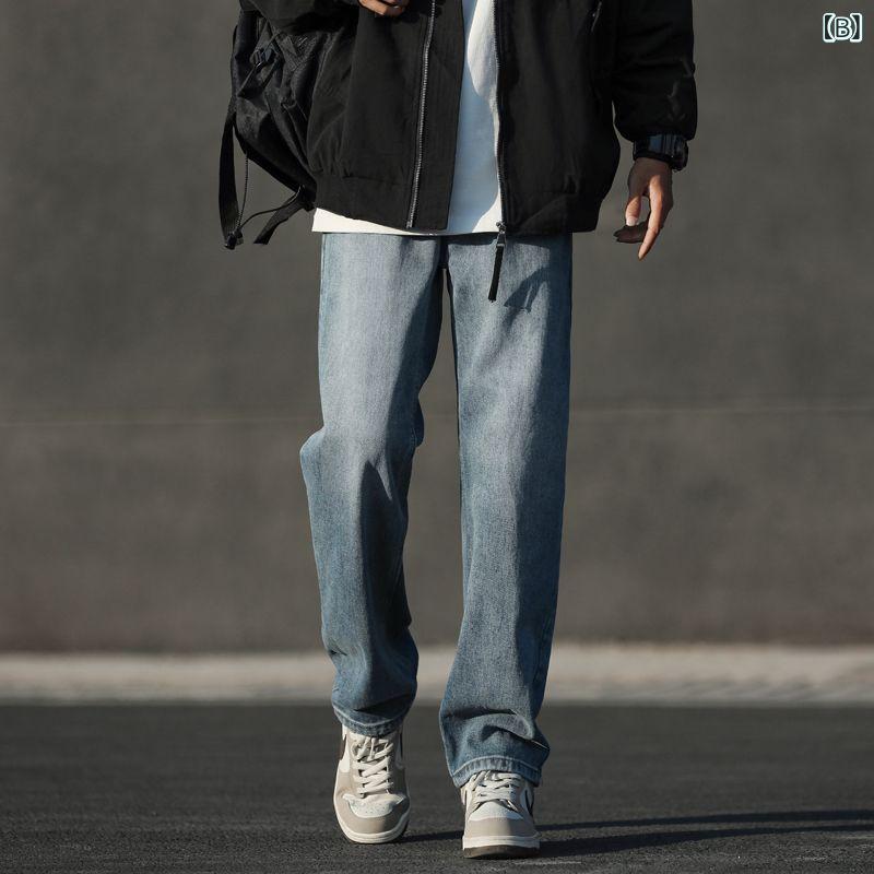 デニム メンズ ストレートパンツ グレー ジーパン ズボン カジュアル ロングパンツ ローライズ ゆったり 無地 コットン