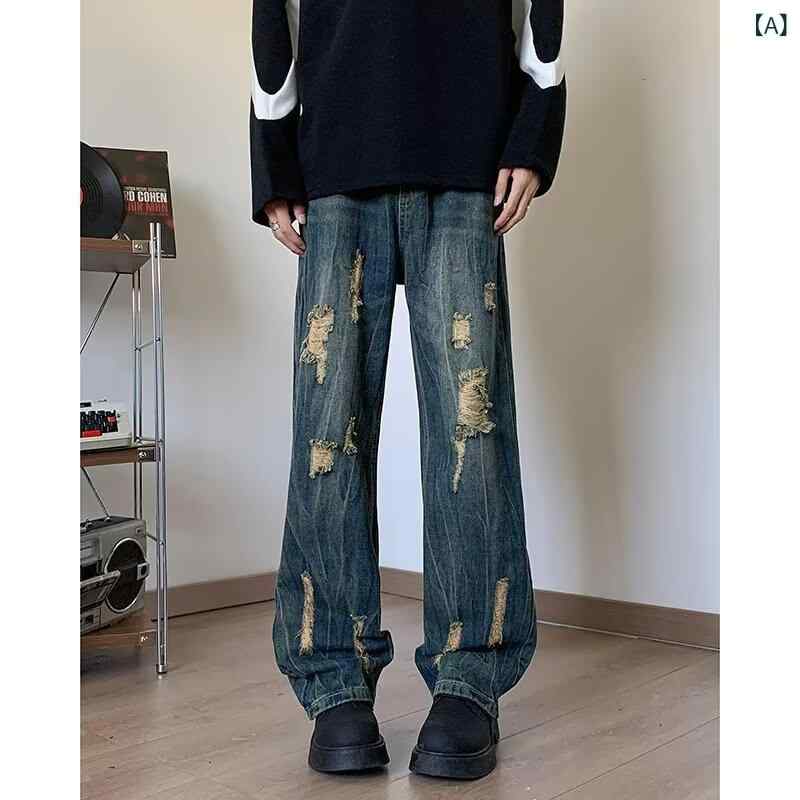 ジーンズ メンズ ストレート ダメージ ウォッシュ加工 デニムパンツ ジーパン ワイドパンツ ルーズ ローライズ 힙합 ᖏ...