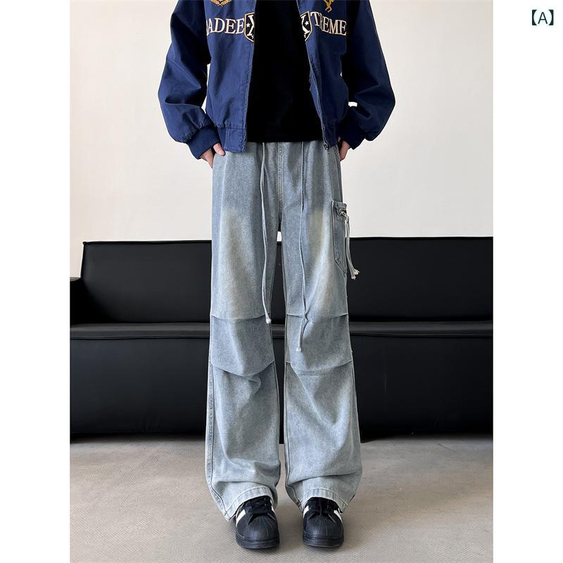 ジーンズ メンズ カーゴパンツ ウォッシュド加工 ワークパンツ ストレート ゆったり ズボン ボトムス ブルー ブラック