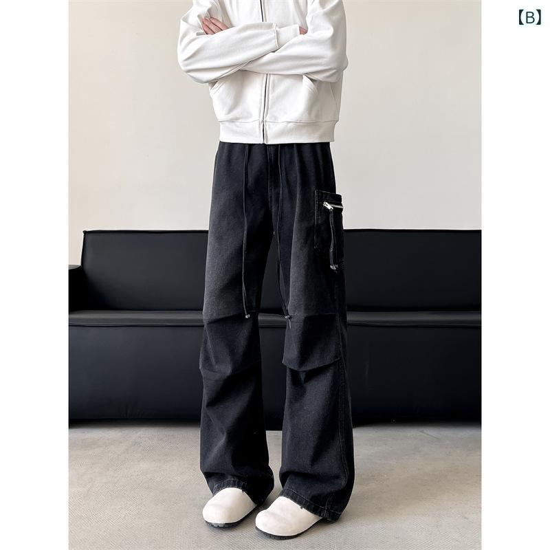 ジーンズ メンズ カーゴパンツ ウォッシュド加工 ワークパンツ ストレート ゆったり ズボン ボトムス ブルー ブラック