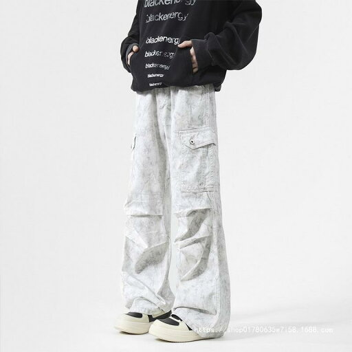 デニム メンズ ワークパンツ 絞り染め ルーズ ワイドレッグ ストレート 薄手 春物 ホワイト S M L XL 2XL 3XL デニム メンズ ワークパンツ 絞り染め ルーズ ワイドレッグ ストレート 薄手 春物 ホワイト S M L XL 2XL 3XL