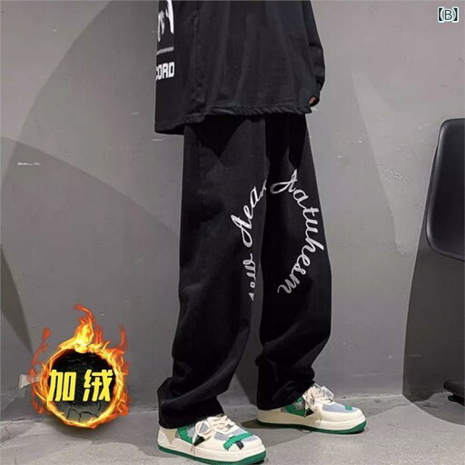 パンツ 男性用 ストレートパンツ ロゴプリント カジュアルパンツ 薄手 ポリエステル ブラック 黒 スポーティ 春