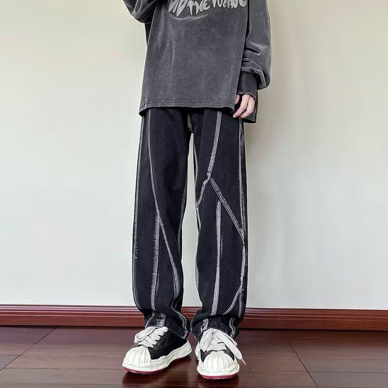 デニム メンズ ストレートパンツ ゆったり 水洗 ジーパン ドロップ感 ヒップホップ ワイドレッグパンツ 黒 ブラック 春夏秋冬(x2)