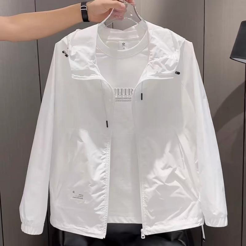 ジャケット メンズ 男性用 春秋 薄手 スポーツ ウインドブレーカー フード付き ゆったり コットン混紡 ホワイト 白(4)