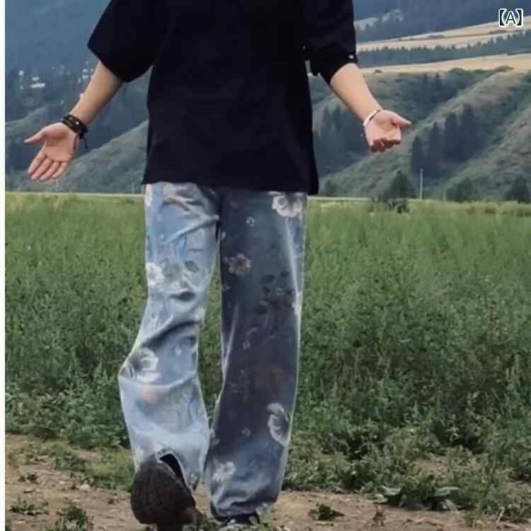 デニム メンズ デニムパンツ ジーンズ ワイドパンツ ストレートパンツ ロングパンツ ゆったり プリント柄 ウォッシュ加工 ブルー S M L XL 2XL 3XL 男性用 カジュアル 春夏