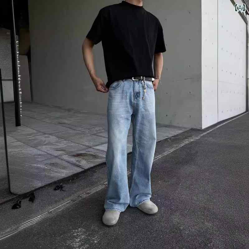 デニム メンズ ストレート デニムパンツ ウォッシュ加工 ジーパン ゆったり カジュアル ブルー