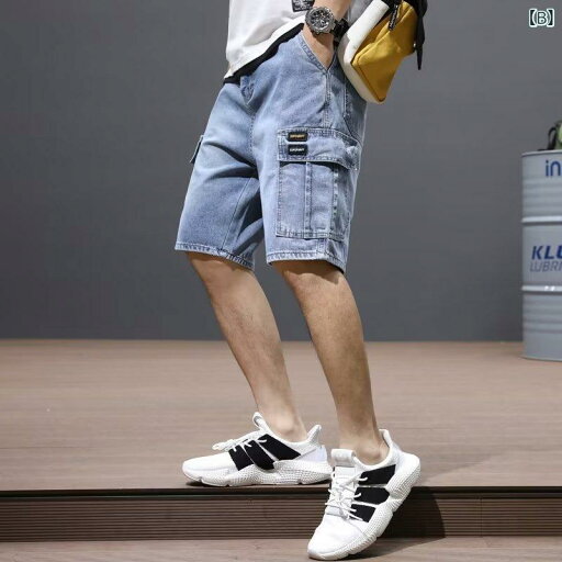 ハーフパンツ メンズ デニム カーゴパンツ ゆったり ストレート 黒 グレー ブルー 夏 5分丈 水洗い加工