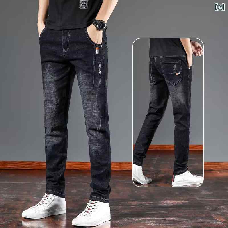 デニムパンツ メンズ スリムフィット ストレートパンツ 薄手 男性用 ジーパン Gパン ロングパンツ スキニーパンツ カジュアル スタイリッシュ ブラック グレー