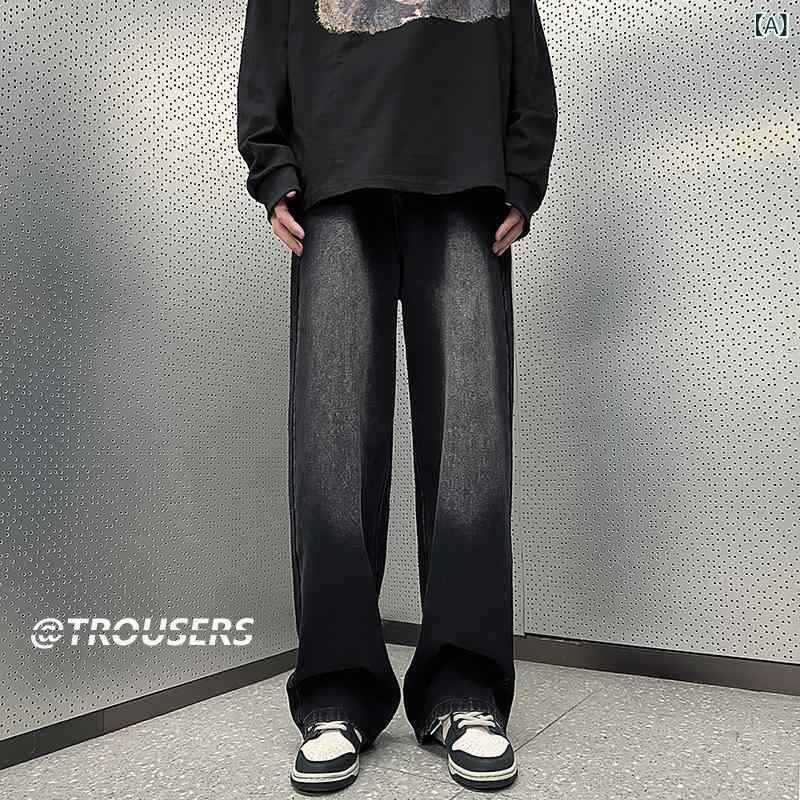 デニム メンズ ストレートジーンズ ゆったり目 ウォッシュ加工 カジュアル ジーパン ドロップショルダー ブラック 黒 ブルー