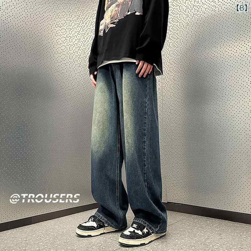 デニム メンズ ストレートジーンズ ゆったり目 ウォッシュ加工 カジュアル ジーパン ドロップショルダー ブラック 黒 ブルー