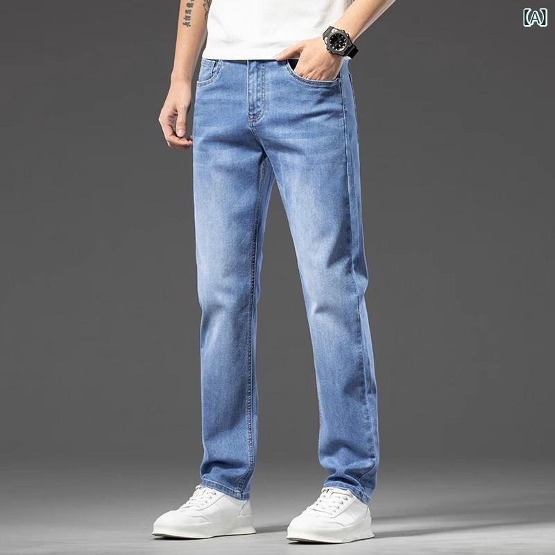 ジーンズ メンズ デニム ストレート ジーパン 男性用 カジュアル ロングパンツ 薄手 春物 ブルー ライトブルー インディゴ