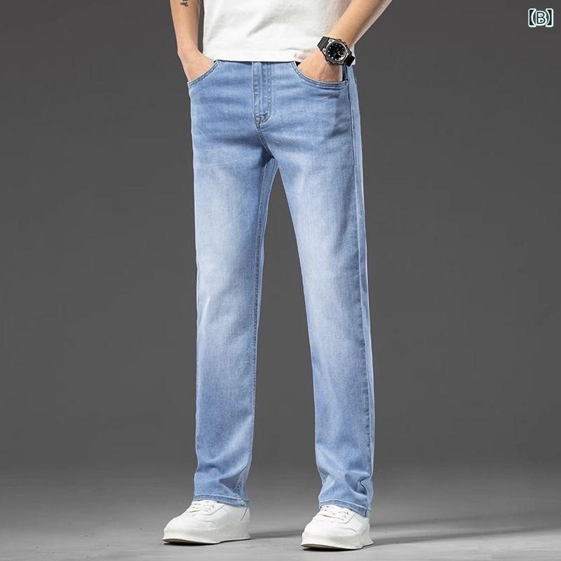 ジーンズ メンズ デニム ストレート ジーパン 男性用 カジュアル ロングパンツ 薄手 春物 ブルー ライトブルー インディゴ