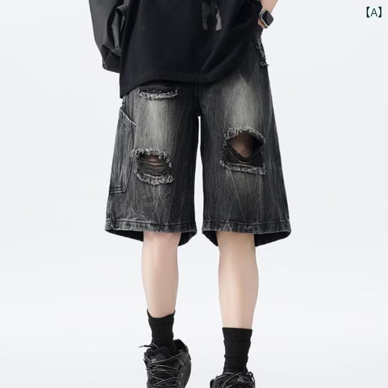 ジーンズ メンズ 水洗 ダメージ加工 ストレート 5分丈パンツ デニムパンツ 短パン ハーフパンツ ズボン ジーパン ポケット付き グレー ブルー M L XL 2XL 3XL 4XL 5XL