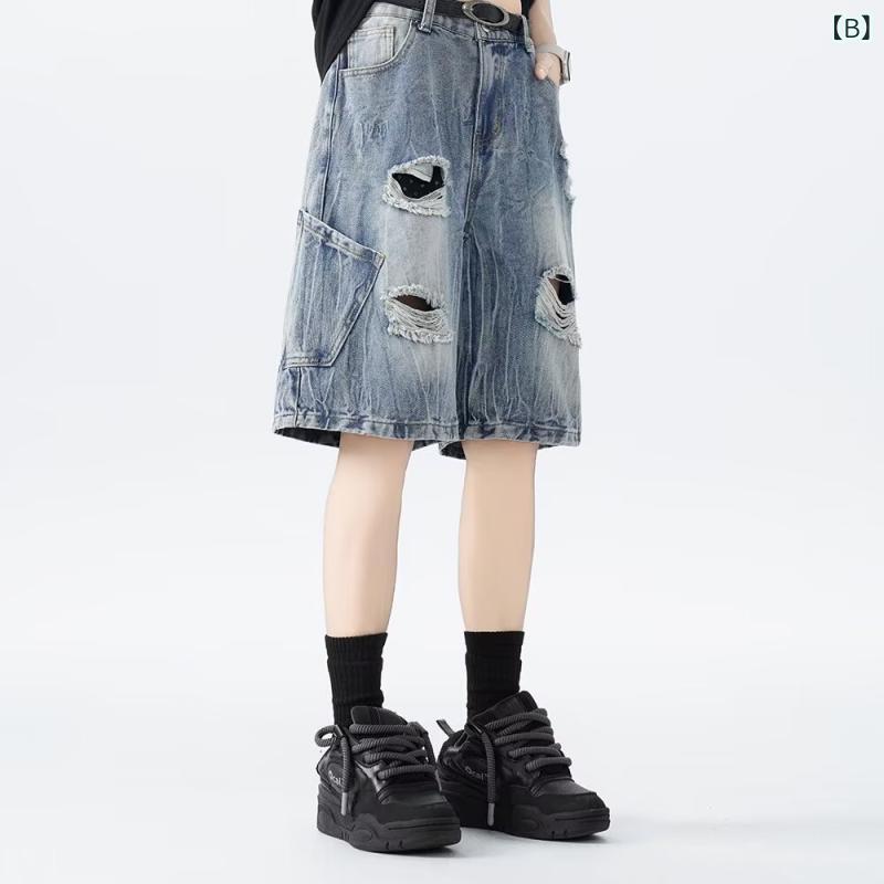 ジーンズ メンズ 水洗 ダメージ加工 ストレート 5分丈パンツ デニムパンツ 短パン ハーフパンツ ズボン ジーパン ポケット付き グレー ブルー M L XL 2XL 3XL 4XL 5XL