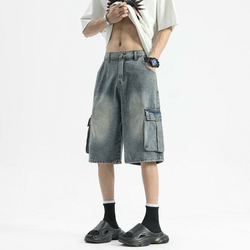 ジーンズ メンズ デニム ショートパンツ 夏 五分丈 ワイド ストレート カーゴパンツ ゆったり 薄手 アメカジ ブルー ジーンズ メンズ デニム ショートパンツ 夏 五分丈 ワイド ストレート カーゴパンツ ゆったり 薄手 アメカジ ブルー