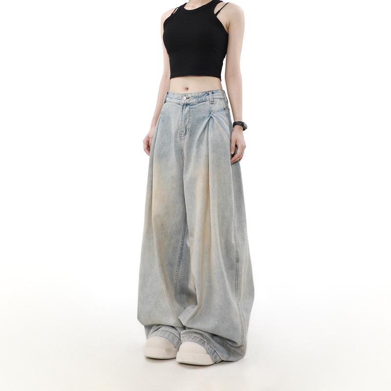 デニム メンズ ジーンズ ヴィンテージ ウォッシュ加工 ストレート ジーパン ズボン パンツ カジュアル 古着風 ダメージ加工 ゆったり ワイド レトロ ブルー S M L XL XXL XXXL