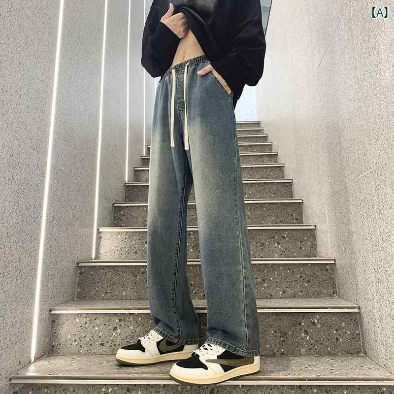デニム メンズ ジーンズ ストレート レトロ ウォッシュ加工 ジーパン ワイドパンツ ルーズフィット デニムパンツ ブルージーンズ アメカジ