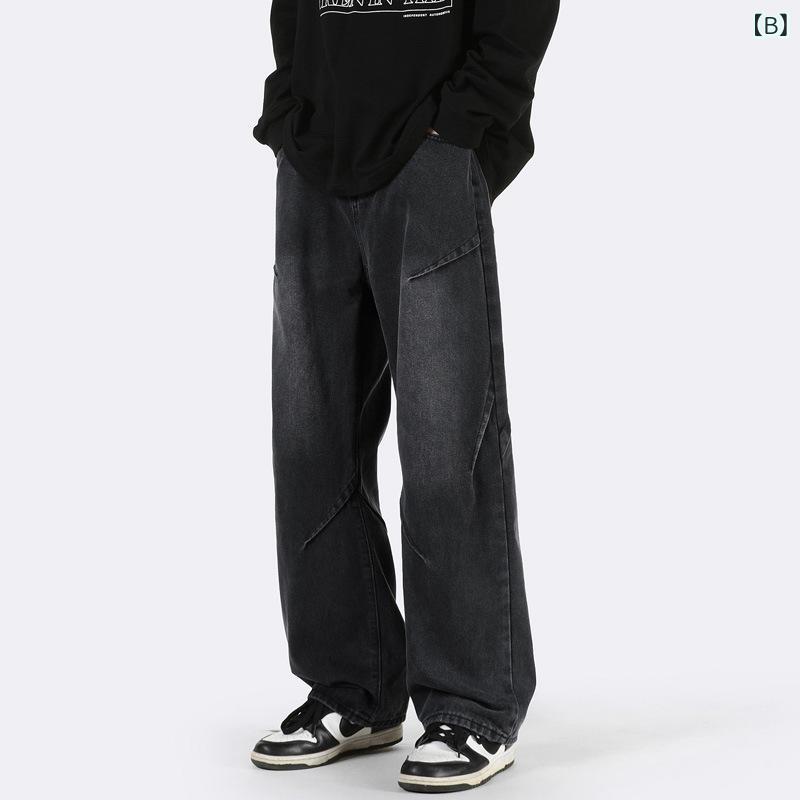 ジーンズ メンズ デニムパンツ ワイドレッグ ストレート ヴィンテージ風 色落ち加工 ウォッシュ加工 ブルージーンズ カーキ ブラック 春秋 普段使い カジュアル