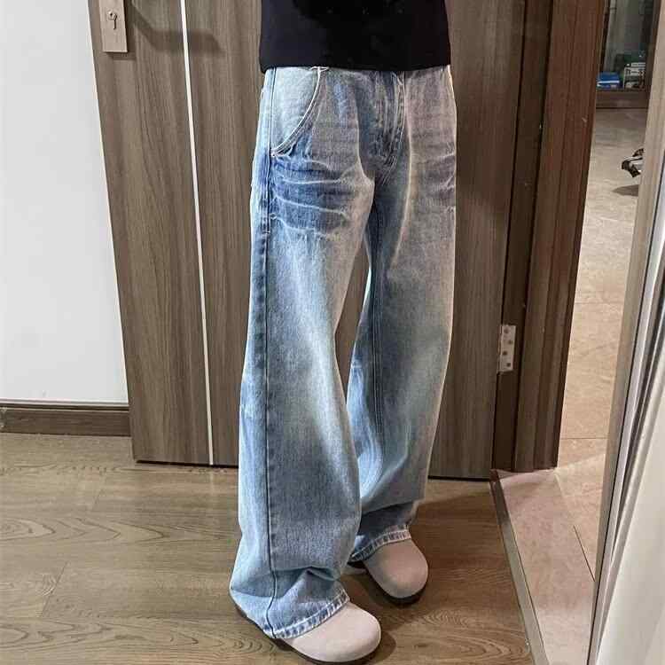 デニム メンズ パンツ ウォッシュ加工 ストレート ジーパン Gパン カジュアル ゆったりめ リラックス 中厚手 ブルー S/M/L/XL/2XL/3XL
