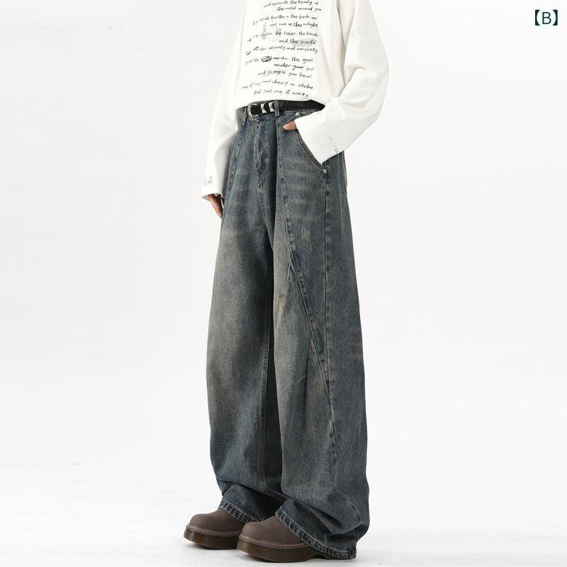デニム メンズ パンツ 秋冬 ズボン ゆったり ストレート ウォッシュ加工 USED加工 カジュアル ブラック ブルー