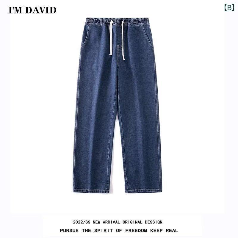 デニム メンズ ストレート ジーンズ ジーパン ワイドレッグ ドローストリング ミドルウエスト コットン 薄手 グレー 濃いブルー ライトブルー ブラック 秋