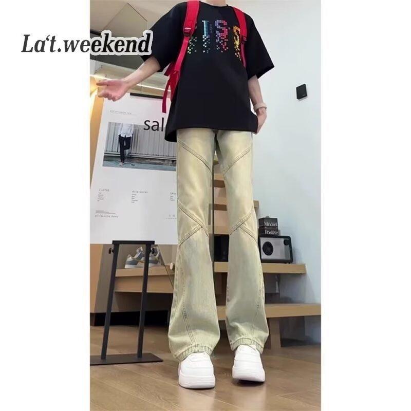 デニム メンズ ジーンズ ストレート ルーズフィット ウォッシュ加工 ダメージ加工 薄手 春 スプリング アメカジ ストリート ブラック 黄泥色