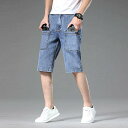 デニム メンズ ハーフパンツ 6ポケット 伸縮性 ストレート 薄手 7分丈 膝下 アメカジ カジュアル 普段使い 浅青 藍グレー 黒