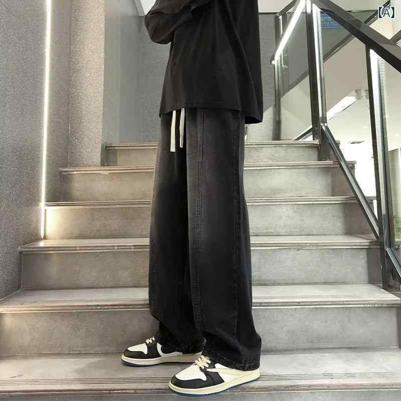 デニム メンズ ストレート ジーパン ロングパンツ 男性用 ローライズ ゆったり 薄手 ブラック 黒 ブルー 青 グレー グレー 春
