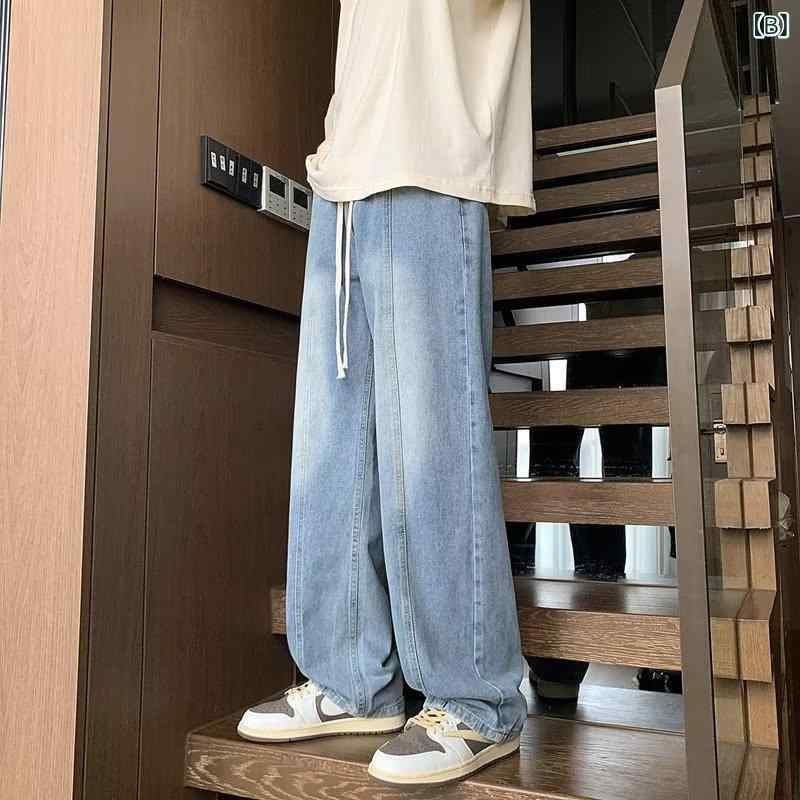 デニム メンズ ストレート ジーパン ロングパンツ 男性用 ローライズ ゆったり 薄手 ブラック 黒 ブルー 青 グレー グレー 春