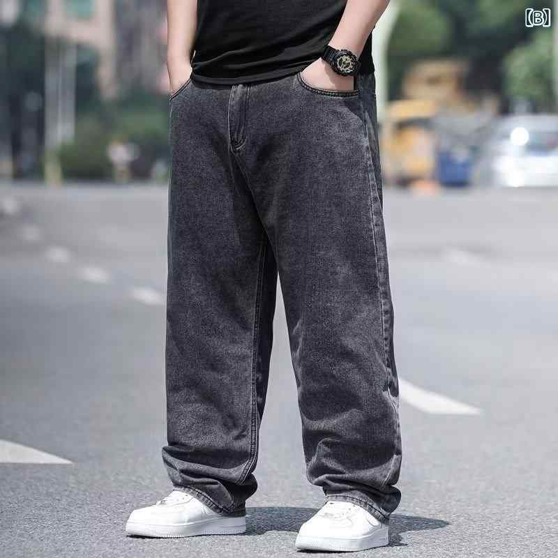 ジーンズ メンズ 男性用 デニムパンツ ゆったり ストレート 太め 大きいサイズ ウエストゴム 伸縮性 普段使い 春秋 薄手 ブラック グレー ブルー系