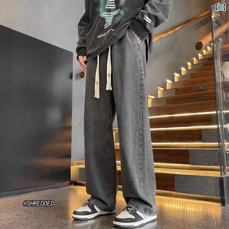 ジーンズ メンズ デニム ストレートパンツ ゆったり ウエストゴム 紐付き ライトブルー アメカジ 高見え カジュアル オールシーズン