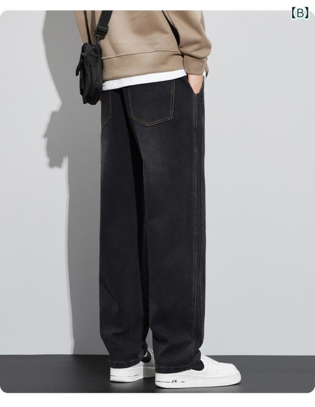 デニム メンズ ルーズ ストレート ジーンズ ジーパン デニムパンツ ワイドレッグ カジュアル Gパン ロングパンツ ウォッシュ加工 ブラック 黒 ブルー インディゴ