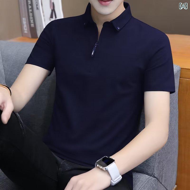 ポロシャツ メンズ 半袖 スリム 無地 配色 トップス カットソー 接触冷感 薄手 深青 深グレー 浅グレー 黒