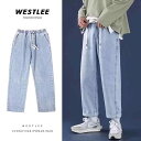 デニム メンズ デニムパンツ ジーンズ ジーパン ストレート ワイドレッグ ゆったり ウエストゴム ポケット 飾り 春夏 カジュアル 普段使い 10代 20代 浅ブルー 黒グレー レトロブルー ブラック ダークブルー
