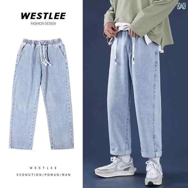 デニム メンズ デニムパンツ ジーンズ ジーパン ストレート ワイドレッグ ゆったり ウエストゴム ポケット 飾り 春夏 カジュアル 普段使い 10代 20代 浅ブルー 黒グレー レトロブルー ブラック ダークブルー
