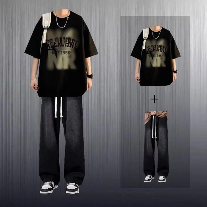 Tシャツ & デニムパンツ セットアップ 男性用 5分袖 春秋 カジュアル 黒 白 赤 グレー ジーンズ ラフスタイル 10代 20代