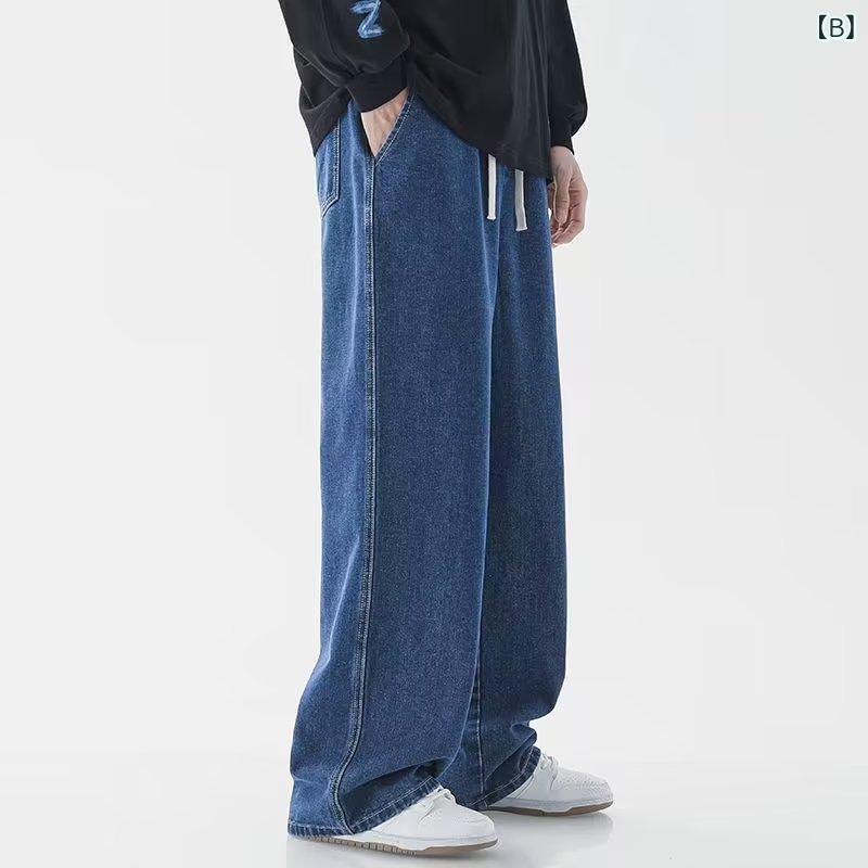 ジーンズ メンズ ゆったり ストレート デニムパンツ 男性用 ワイドレッグ カジュアル ロングパンツ ウォッシュ加工 ポケット付き ライトブルー ダークブルー