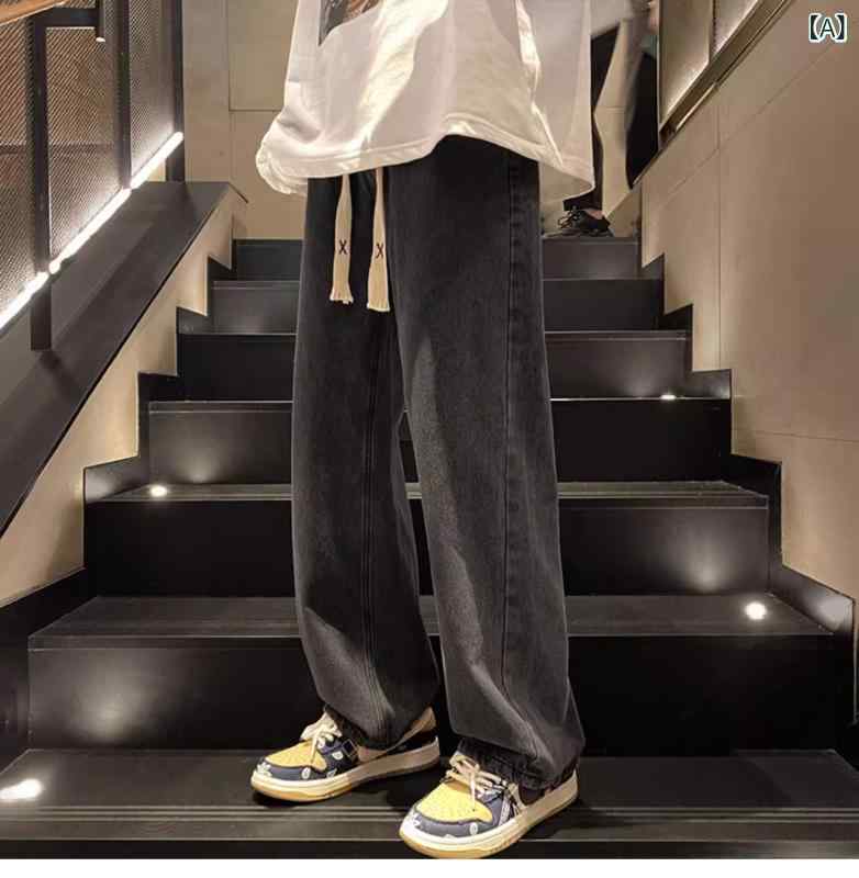 デニム メンズ デニムパンツ ストレート ワイドレッグ ジーンズ ユーズド加工 中厚手 コットン カジュアルパンツ ジーパン オールシーズン グレー 黒 青