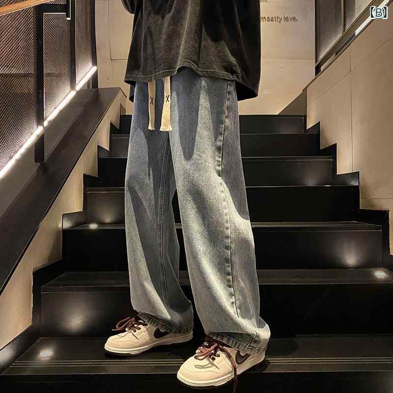 デニム メンズ デニムパンツ ストレート ワイドレッグ ジーンズ ユーズド加工 中厚手 コットン カジュアルパンツ ジーパン オールシーズン グレー 黒 青