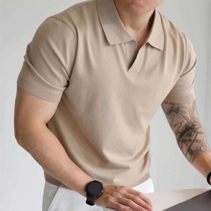 ポロシャツ メンズ Vネック アメリカン レトロ風 ニット 半袖 無地 Tシャツ 春夏 トップス グレー 黒 アプリコット