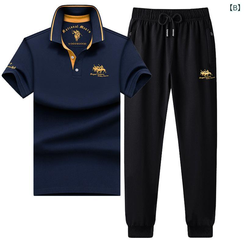 メンズ カジュアル セットアップ スポーツウェア 半袖 Tシャツ & 長ズボン 綿 刺繍 束ね裾 平裾 ルームウェア 普段使い 春夏 墨グリーン系 ブラック系