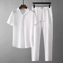 セットアップ メンズ 男性用 接触冷感 Tシャツ 半袖 Vネック 9分丈パンツ 上下セット 部屋着 ルームウェア 普段使い 中国風 ポリエステル ホワイト ブラック