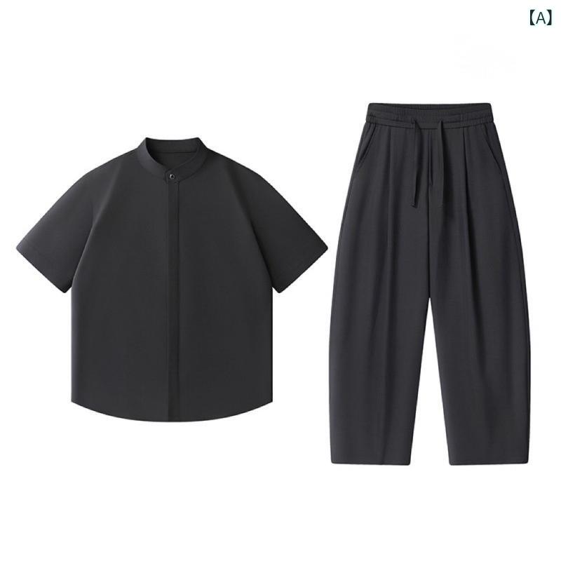 LINEAR shopのセットアップ メンズ 男性用 中国風 リラックス 接触冷感 半袖シャツ 長ズボン 上下セット 部屋着 ルームウェア｜アングル2