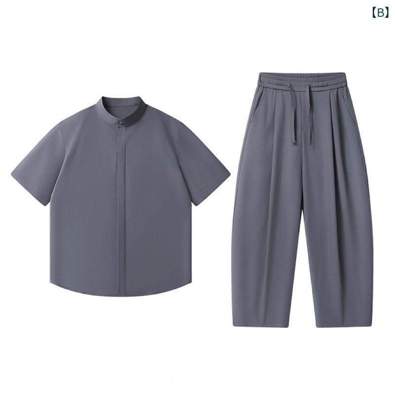 LINEAR shopのセットアップ メンズ 男性用 中国風 リラックス 接触冷感 半袖シャツ 長ズボン 上下セット 部屋着 ルームウェア｜アングル3