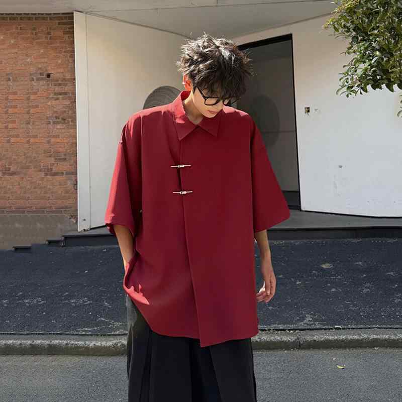 シャツ メンズ 男性用 酒 красный 赤系 接触冷感 半袖 ポリエステル 開襟シャツ 唐装風 メタル装飾 薄手