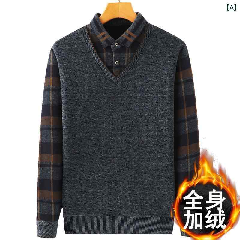 60代の に ベルベット 厚手の 男性の ゆったり ニット の 暖かい 冬 服 フェイクツーピース 重ね着風 セーターの 紳士