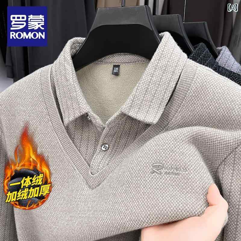 羅 孟 冬 フェイクツーピース 重ね着風 セーター メンズ ラペル ポロシャツ 長袖 プラスベルベット 暖かい 厚手 底 入れ シャツ