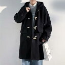 コート メンズ 男性用 牛角ボタン 羊毛 ウール 裏ボア フード付き 厚手 ミドル丈 ゆったりサイズ 無地 秋冬 ブラック