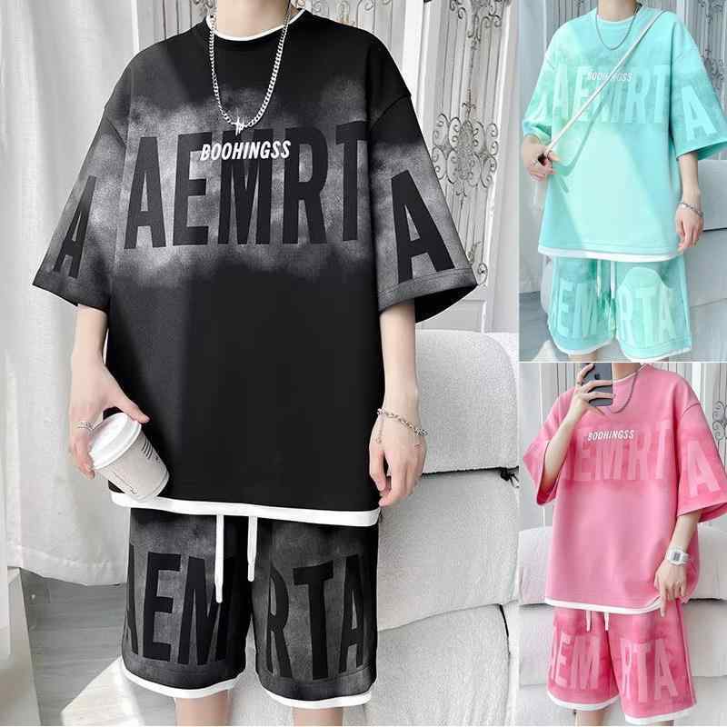 Tシャツ メンズ スポーツウェア ショートパンツ 上下セット ポリエステル混紡 夏 カジュアル スポーティ 大きいサイズ ホワイト ブラック ピンク グリーン