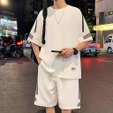 セットアップ メンズ 男性用 夏 接触冷感 半袖 Tシャツ ハーフパンツ 大きいサイズ 伸縮性 部屋着 ルームウェア 普段使い スポーツ 運動 散歩 ブラック ホワイト カーキ